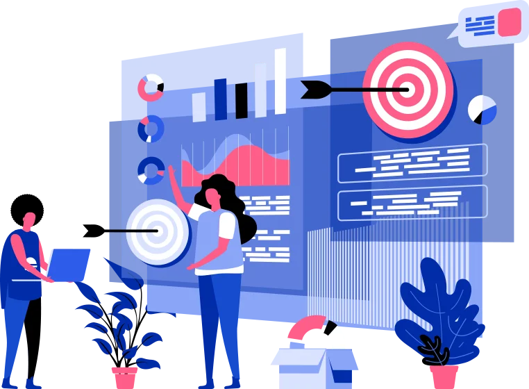 Illustration of two people analyzing marketing charts and targets